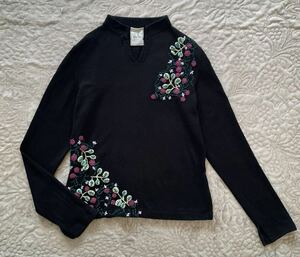 シビラ　ウール刺繍　セーター　キーネック　黒　花柄　ピンク　紫　ウール　綿　コットン　長袖　スリット　M