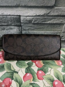 ●送料無料★COACH　コーチ　財布　長財布　シグネチャー　内側ヒョウ柄　マチ無しポーチ付き