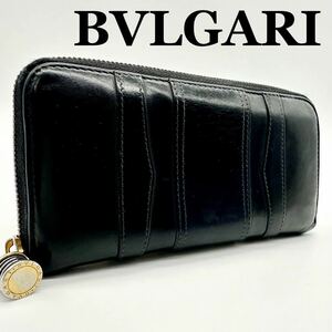 【極美品】ブルガリ BVLGARI 財布 長財布 ツイスト金具 ジッピーウォレット wallet ラウンドファスナー メンズ ブラック レザー