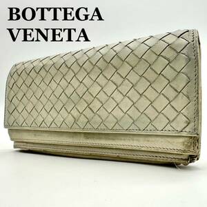 【良品】ボッテガヴェネタ BOTTEGA VENETA 財布 長財布 二つ折り ウォレット wallet イントレチャート 編み込み メンズ ホワイト レザー