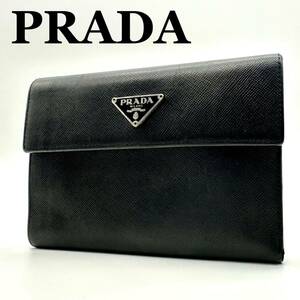 【極美品】プラダ PRADA サフィアーノ 二つ折り財布 ウォレット wallet 三角ロゴ 三角プレート トライアングルロゴ メンズ ブラック レザー