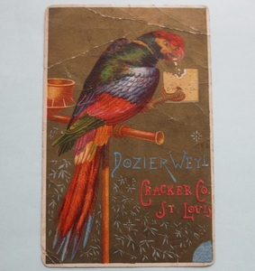19世紀 トレードカード オウム 電話 クラッカー 鳥 明治 戦前 アメリカ 企業広告 名刺 リトグラフ アンティーク Dozier Weyl 輸入 送料無料