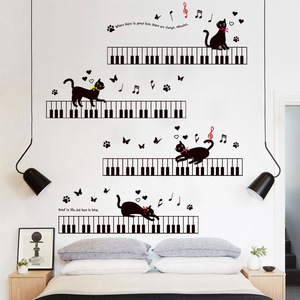 ウォールステッカー YB141　ピアノ　遊び黒猫　癒す　DIY 壁紙　インテリアシート　剥がせるシール　送料無料