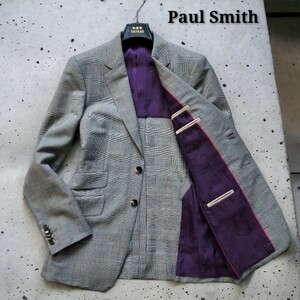 未使用級☆Paul Smith 最高級テーラードジャケット ウール&モヘヤ 裏地ペイズリー柄 グレージャケット シャドウチェック柄 2B 1円