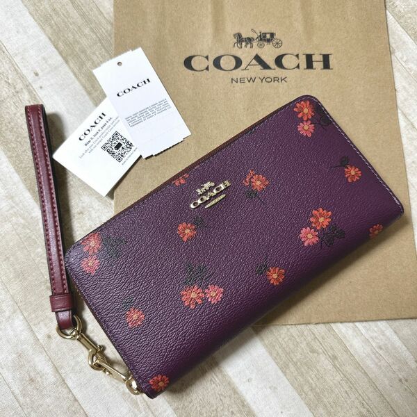 新品未使用 コーチ パープル フラワー ロゴ フローラル リストレット 長財布 花柄 財布 COACH ラウンドファスナー 