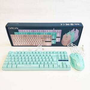 「一円スタート」CHONCHOW キーボード＆マウスセット USB有線 DPI4段階1200~3600 ブルー 1021「1円」AKI01_0919