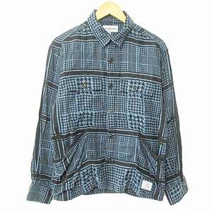 ラフアンドラゲッド ROUGH AND RUGGED 美品 シャツ ジャケット 長袖 千鳥格子柄 コットン 麻混 リネン混 青緑 黒 2 1219 メンズ