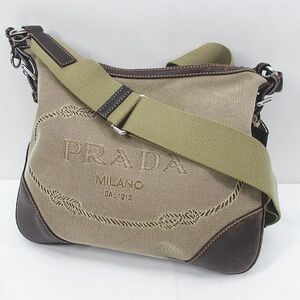 プラダ PRADA ショルダーバッグ クロスボディ 斜めがけ ブラウン 茶系 キャンバス地 レザー イタリア製 レディース