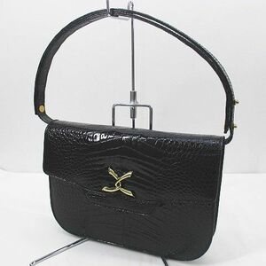  crocodile handbag shoulder bag Gold metal fittings leather black black series France made lady's 