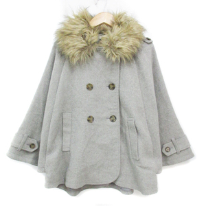  Olive des Olive coat poncho short round color do Le Mans sleeve double button fake fur M. gray lady's 