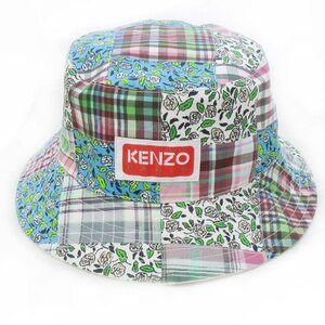 ケンゾー KENZO 近年 バケットハット シルク混 チェック 花柄 総柄 パッチワーク 切替 ロゴ マルチカラー M AL12 1211 レディース