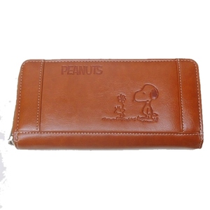 未使用品 ピーナッツ PEANUTS スヌーピー ウッドストック 長財布 ロングウォレット ラウンドファスナー フェイクレザー 茶 ブラウン 1216