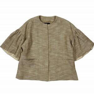 美品 18AW ドゥロワー Drawer ギャザーフレアスリーブ ノーカラージャケット アウター D SM W/C/L FRLSLV NCL JK ベージュ サイズ36