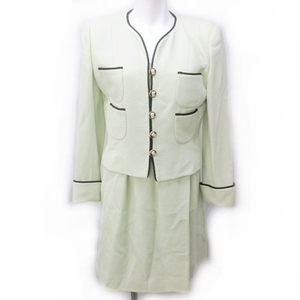 コージワタナベ スティル KOJI WATANABE STYLE セットアップ スカートスーツ ウール ツイード 飾りボタン ノーカラージャケット 緑 9 約M