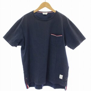 THOM BROWNE RWB ポケット Tシャツ カットソー 半袖 ライン サイドボタン トリコロール 3 L 紺 ネイビー MJS010A-01454415