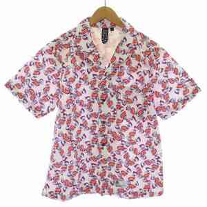 未使用品 MILITANT PACIFIST FABRICK PSYCHO CANDY SHORTSLEEVE SHIRTS 開襟 シャツ 半袖 キャンディー柄 タグ付き 3 L 赤 レッド 白