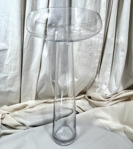 ヴィンテージ/アンティーク 手作り 吹きガラス 特大 きのこ型/T型 クリア/透明 花瓶/vases 気泡有 高さ48㎝ 径35cm オブジェ コレクション