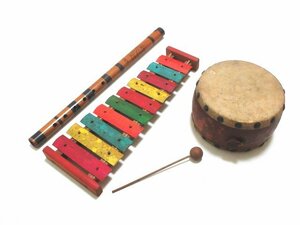 XA876* old musical instruments wooden flat peace. pipe piece flute futoshi hand drum Zaimei have metallophone mallet attaching // total 3 point // PEACE FLUTE toy Showa Retro that time thing / present condition delivery 