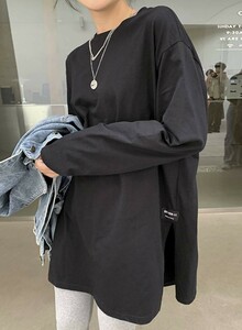 レディース 長袖 ロンT ロングtシャツ 無地 シンプル インナー ゆったり 黒 仕事 通勤