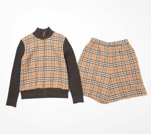 TG8809☆バーバリーゴルフ BURBERRY GOLF セットアップ ジャケット ジップアップ ブルゾン パンツ チェック柄 ウール ブラウン系