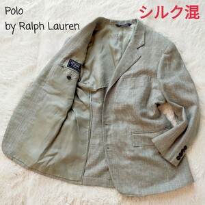 1円〜 Polo by Ralph Lauren ポロバイラルフローレン シルクリネン テーラードジャケット 2B ツイード sizeM相当 エメラルドグリーン