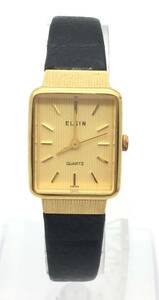 不動品【 ELGIN 腕時計 】エルジン レディース 3針式 ゴールド文字盤 革ベルト クォーツ QZ MN