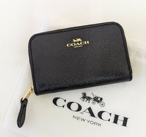 1円〜 美品 COACH コインケース 銭入れ 財布 ファスナー レザー ブラック 黒 コインパース 保存袋付き コーチ