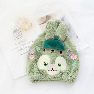  soft pretty green rabbit towel cap pool playing in water bath girl child . water cold measures towel hat microfibre 