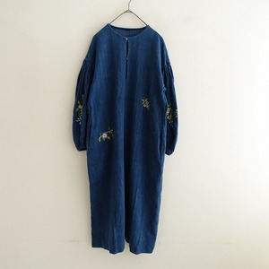 //【定価10万】45アールピーエム R45RPM *さっくりカディ藍刺繍DRESS ワンピース*0コットン綿インディゴ(1-2311-383)【30L32】