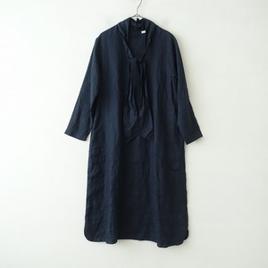 //【美品】フォグリネンワーク fog linen work *リボンタイワンピース*長袖プルオーバーリネン紺ネイビー薄手(4-2311-173)【50L32】