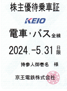 京王 株主優待乗車証 【定期タイプ 電車・バス全線】 ２０２４年5月31日有効期限