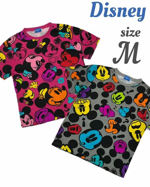 Disney/ディズニー 総柄Tシャツ 2枚セット sizeM グレー&ピンク