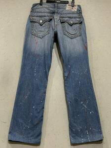 ※TRUE RELIGION トゥルーレリジョン STRAIGHT ダメージ＆ペイント加工 デニムパンツ ライトインディゴ 32 　 BJBC.AB