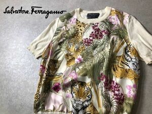 Salvatore Ferragamo●ヴィンテージ アニマル シルクスカーフ切替 ニット トップス●フェラガモ