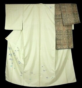 ＊未着用＊銀座おゝぎ屋【白山紬に本加賀友禅】袋帯セット　葡萄文様　裄：63cm　e12-35