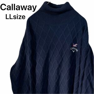 【Callaway】ニット セーター タートルネック ロゴ刺繍 ネイビーLL