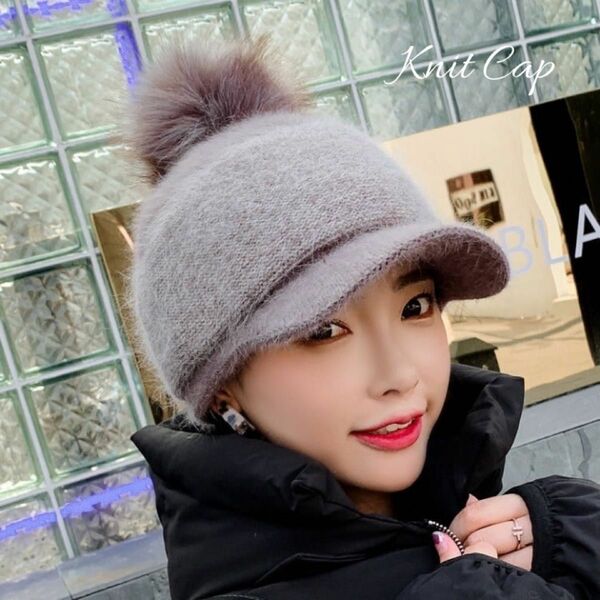 あんず　つば付き　ポンポン付き　ニット帽　ニットキャップ　レディース　冬　韓国　裏起毛　ゴルフ帽子　ゴルフ女子　送料無料