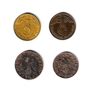 ドイツ第三帝国　(鉤十字) - 1, 5 ライヒスペニヒ/青銅貨 黄銅貨 亜鉛貨 4枚★ZD-45