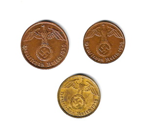 ドイツ第三帝国　(鉤十字) - 1, 2, 5 ライヒスペニヒ/青銅貨 黄銅貨★ZD-20