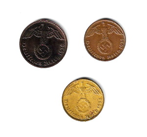 ドイツ第三帝国　(鉤十字) - 1, 2, 5 ライヒスペニヒ/青銅貨 黄銅貨★ZD-19
