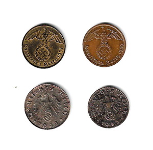 ドイツ第三帝国　(鉤十字) - 1, 5 ライヒスペニヒ/青銅貨 黄銅貨 亜鉛貨 4枚★ZD-39
