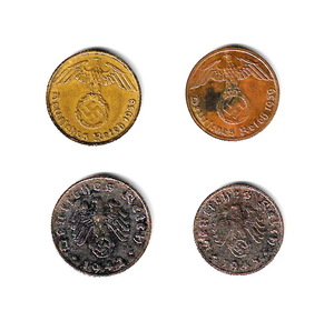ドイツ第三帝国　(鉤十字) - 1, 5 ライヒスペニヒ/青銅貨 黄銅貨 亜鉛貨 4枚★ZD-47