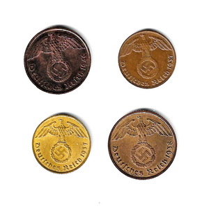 ドイツ 第三帝国　(鉤十字) - 1, 2, 5, 10 ライヒスペニヒ/青銅貨 黄銅貨★ZD-4
