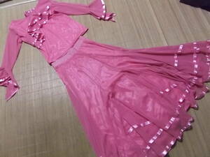 美品　ピンク　社交ダンス用　ブラウス　ロングスカート　セットアップ　衣装　