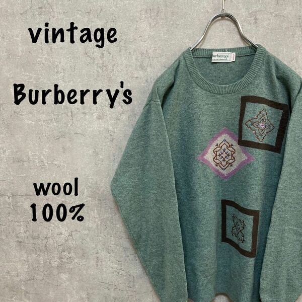 Burberrys' バーバリー　ウール　ニット　バーバリーズ　Burberry グリーン　セーター　アースカラー　刺繍 M ヴィンテージ　vintage 90s