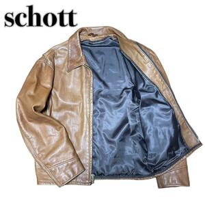 ショット Schott レザージャケット ジップアップ 裏地総柄 牛革 42サイズ カウレザー シングルライダース