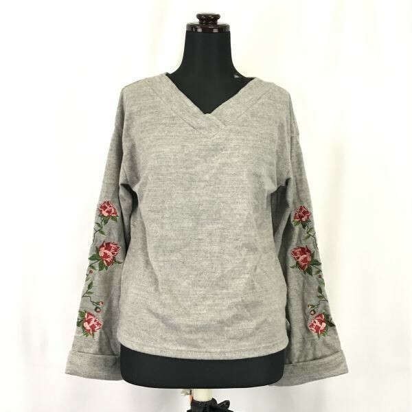 タグ付新古品★RETRO GIRL★長袖カットソー/バラ刺繍【Women's size-M/グレー/Gray】Tops/Shirts◆BH172