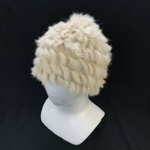 天然ファー帽子【サイズフリー/白/white】ラビット?/フォックス?/タヌキ?/knit/hat/cap◆CB29