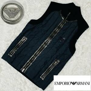 大きいサイズ 50/XL■エンポリオアルマーニ EMPORIO ARMANI ニット 切替 ウール ベスト ブラック 黒 レザー イーグルロゴ ダブルジップ LL