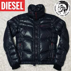 極暖/黒×赤■Lサイズ ■DIESEL ディーゼル ダウンジャケット ライダース バイカー アウター ブルゾン MA-1 軽量 リアルダウン フード収納